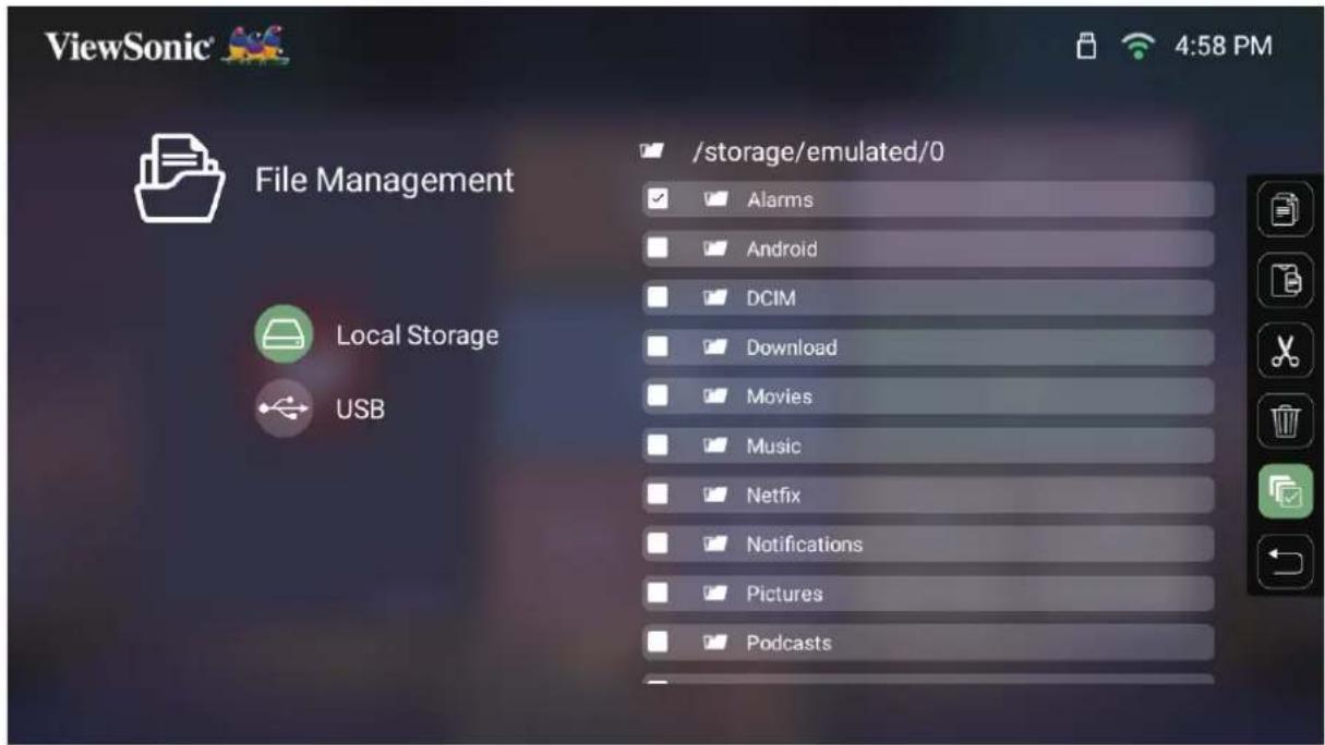 ViewSonic File Management Local Storage USB /storage/emulated/0 ✓ Alarms ✓ Android ✓ DCIM ✓ Download ✓ Movies ✓ Music ✓ Netflix ✓ Notifications ✓ Pictures ✓ Podcasts