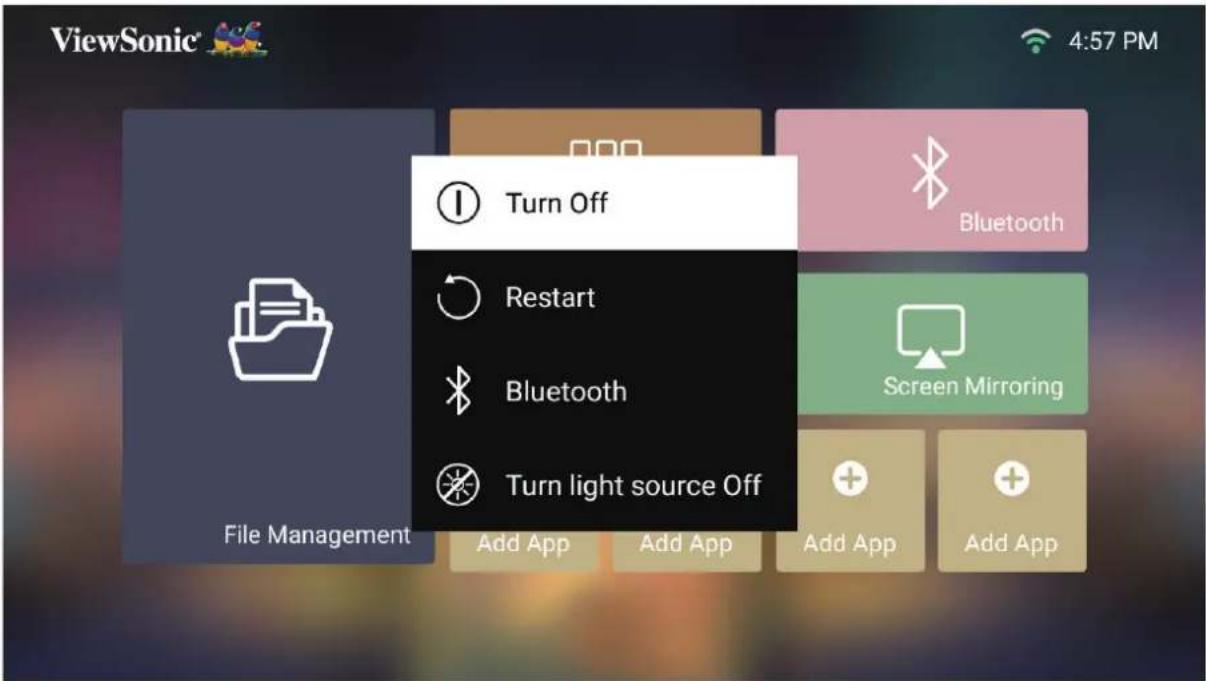 ViewSonic® 4:57 PM File Management Turn Off Bluetooth Restart Bluetooth Screen Mirroring Turn light source Off Add App Add App Add App Add App