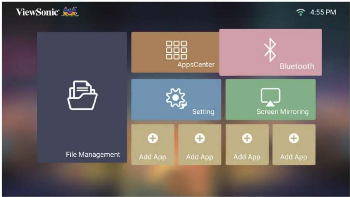 ViewSonic® 4:55 PM File Management AppsCenter Bluetooth Setting Screen Mirroring Add App Add App Add App Add App