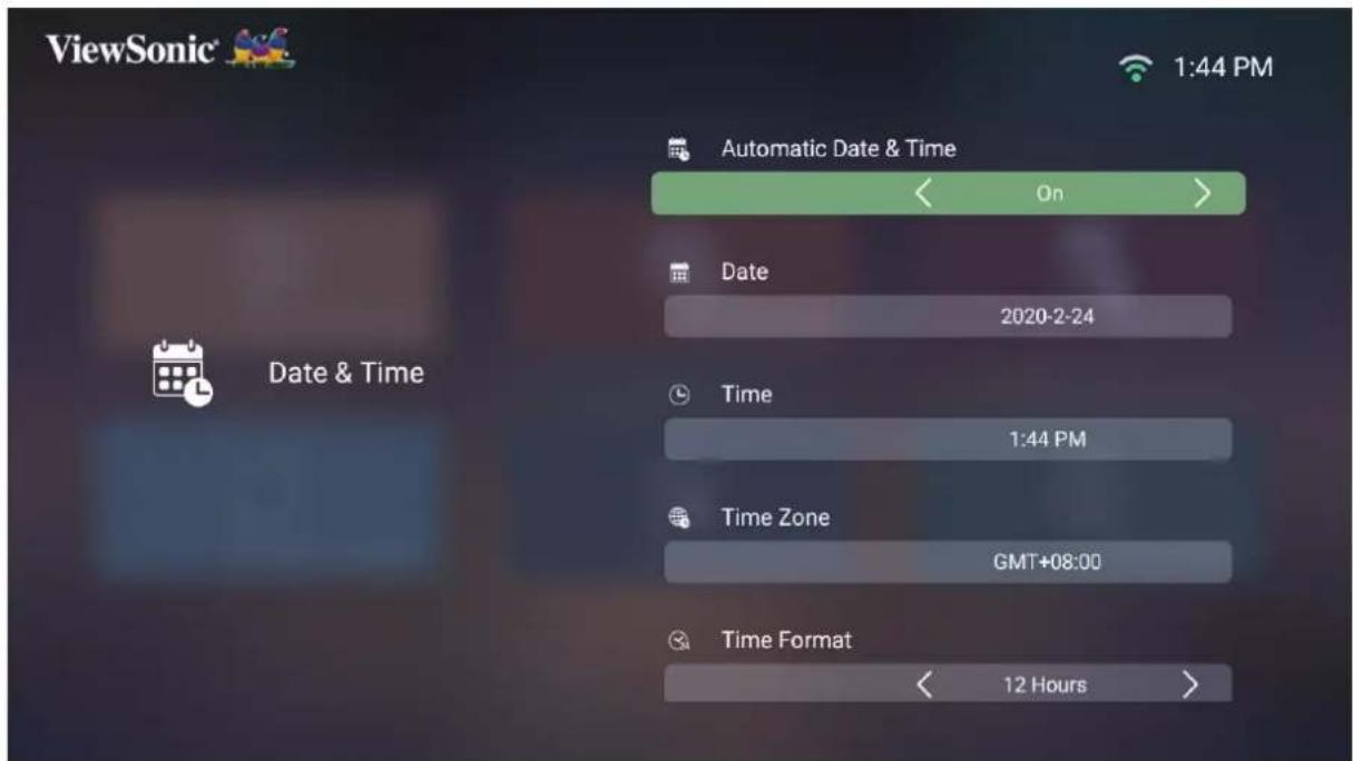 ViewSonic 1:44 PM Automatic Date & Time On Date 2020-2-24 Time 1:44 PM Time Zone GMT+08:00 Time Format 12 Hours Date & Time