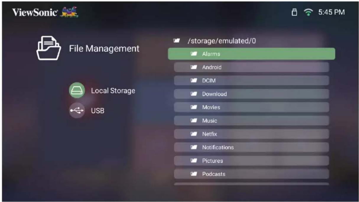 ViewSonic File Management Local Storage USB /storage/emulated/0 Alarms Android DCIM Download Movies Music Netflix Notifications Pictures Podcasts