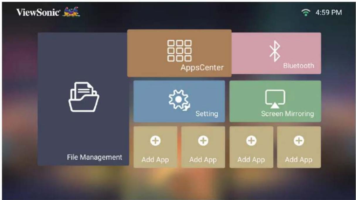 ViewSonic® 4:59 PM AppsCenter Bluetooth Setting Screen Mirroring File Management Add App Add App Add App Add App