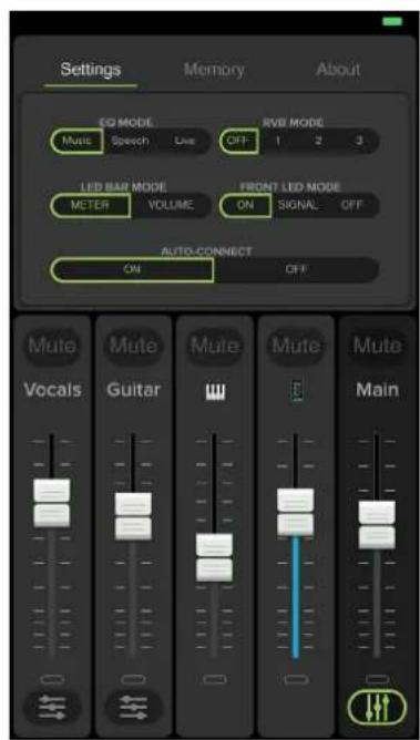 Settings Memory About EQ MODE Music Speech Live RVB MODE OFF 1 2 3 LED BAR MODE METER VOLUME FRONT LED MODE ON SIGNAL OFF AUTO-CONECT ON OFF Mute Vocals Mute Guitar Mute Main