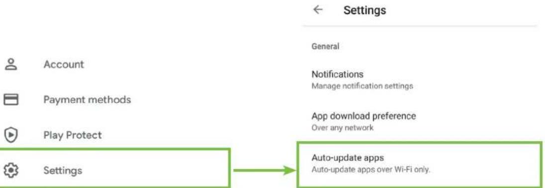Settings General Account Notifications Manage notification settings Payment methods App download preference Over any network Play Protect Settings Auto-update apps Auto-update apps over Wi-Fi only.