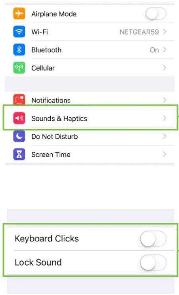 Airplane Mode Wi-Fi NETGEAR59 > Bluetooth On > Cellular > Notifications > Sounds & Haptics > Do Not Disturb > Screen Time > Keyboard Clicks Lock Sound