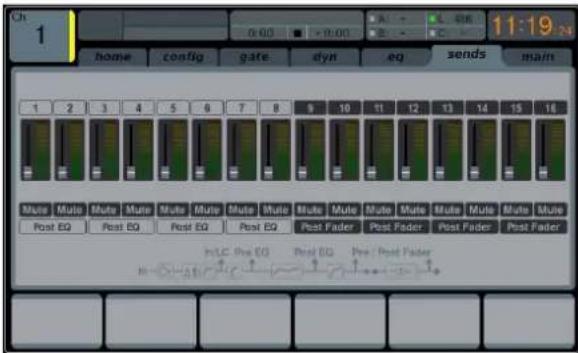 Ch 1 home config gate dyn eq sends main 1 2 3 4 5 6 7 8 9 10 11 12 13 14 15 16 Mute Mute Mute Mute Mute Mute Mute Mute Mute Mute Mute Mute Mute Mute Mute Mute Post EQ Post EQ Post EQ Post EQ Post Fader Post Fader Post Fader Post Fader HLC Pre EQ Post EQ Pre / Post Fader