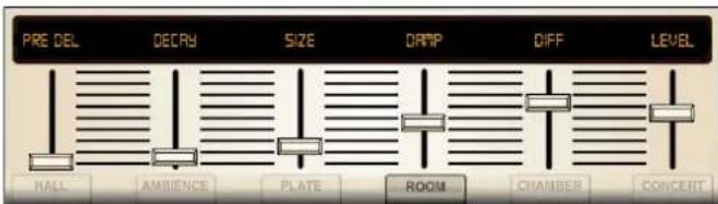 PRE DEL DECAY SIZE DRIP DIFF LEVEL HALL AMBIENCE PLATE ROOM CHAMBER CONCERT