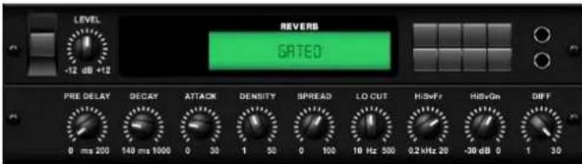 LEVEL -12 dB +12 REVERB GATED PRE DELAY DECAY ATTACK DENSITY SPREAD LO CUT HiSvFr HiSvOn DIFF 0 ms 200 140 ms 1000 0 30 1 50 0 100 10 Hz 300 0.2 kHz 20 -30 dB 0 1 30