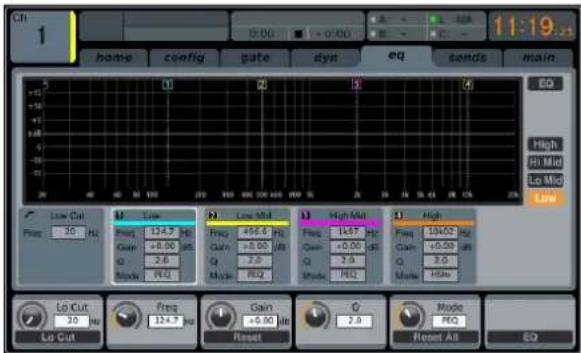 Ch 1 home config gate dyn eq sends main High Hi Mid Lo Mid Low Low Cut Freq 20 Hz Freq 124.7 Hz Gain +0.00 μs Q 2.6 Mode PEQ Low Mid Freq 496.6 Hz Gain +0.00 μs Q 2.6 Mode PEQ High Mid Freq 1137 Hz Gain +0.00 μs Q 2.5 Mode PEQ High Freq 124.02 Hz Gain +0.00 μs Q 3.0 Mode HSAu Lo Cut Freq 124.7 Hz Gain +0.00 μs Q 2.6 Mode PEQ Reset All EQ