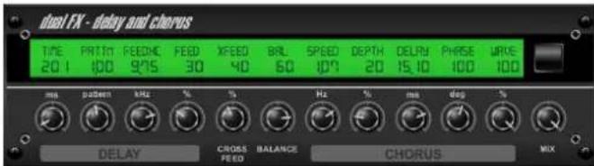 dual FX - delay and chorus TIME 20:1 PRTM 100 FEEDMC 9/15 FEED 30 XFEED 40 BRL 60 SPEED 10/1 DEPTH 20 DELRY 15.10 PHASE 100 WAVE 100 ms pattern kHz % % % Hz % ms deg % DELAY CROSS FEED BALANCE CHORUS MIX