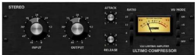 STEREO INPUT OUTPUT RELEASE ATTACK RATIO VU MODE VDD LIMITING AMPUMETER ULTIMO COMPRESSOR