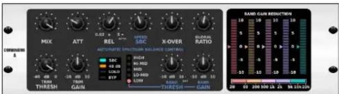 MIX ATT REL SRC X-OVER GLOBAL RATIO AUTOMATIC SPECTRUM BALANCE CONTROL SRC HIGH 40 dB HOLD SOLD SYP LO-HDD LOW THRESH GAIN SAND GAIN REDUCTION 10 10 10 10 10 5 5 5 5 5 0 0 0 0 0 0 -5 -5 -5 -5 -10 -10 -10 -10 20 20 200 300 1A 2A 3A 1A 2A 2A