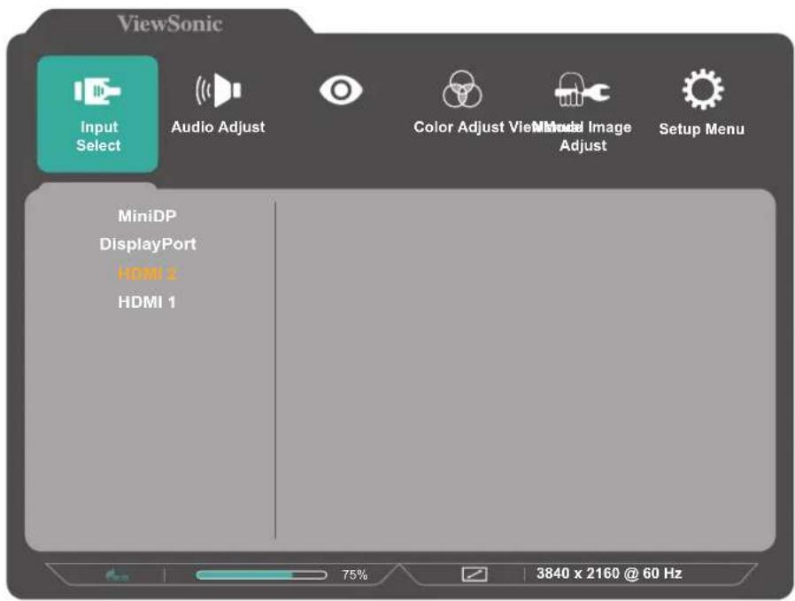 ViewSonic Input Select Audio Adjust Color Adjust View Image Adjust Setup Menu MiniDP DisplayPort HDMI 2 HDMI 1 75% 3840 x 2160 @ 60 Hz