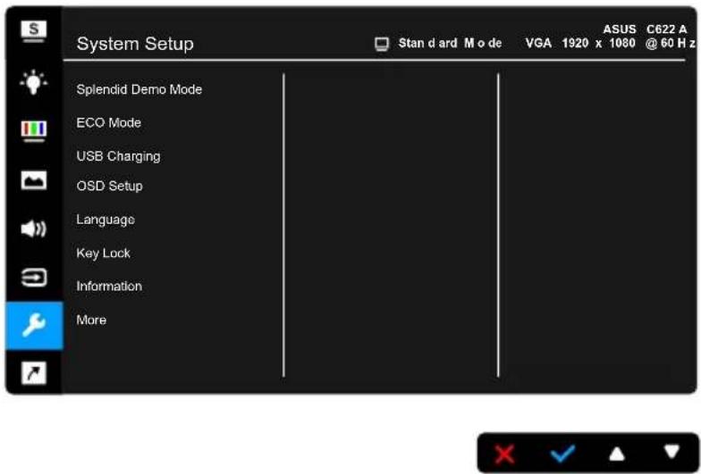 System Setup Splendid Demo Mode ECO Mode USB Charging OSD Setup Language Key Lock Information More ASUS C622 A 1920 x 1080 @ 60 Hz