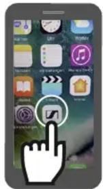 Smartphone home screen screenshot showing app icons with a hand cursor pointing to a button labeled 'OK' and a play button.