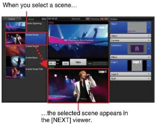 When you select a scene... Scene Opening 04:10:25 Recording Timeline Action Title 1 Title 2 Camera Transitions Effort Logo 1 Logo 2 ALUX ...the selected scene appears in the [NEXT] viewer.