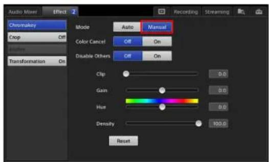 Audio Mixer Effect 2 Chromatkey Crop Off Transformer On Mode Auto Manual Color Cancel Off On Disable Others Off On Clip 0.0 Gain 0.0 Hue 0.0 Density 100.0 Reset
