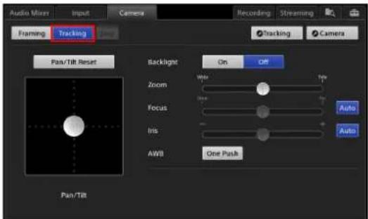 Audio Mixer Input Camera Recording Streaming Framing Tracking Tracking Camera Pan/Tilt Reset Backlight On Off Zoom Wide 10% Focus Wide Auto Iris - Auto AWB One Push Pan/Tilt