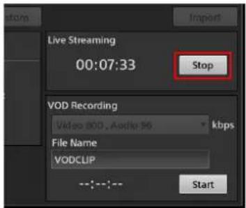 Live Streaming 00:07:33 Stop VOD Recording Video 800, Audio 96 kbps File Name VODCLIP --:---:-- Start