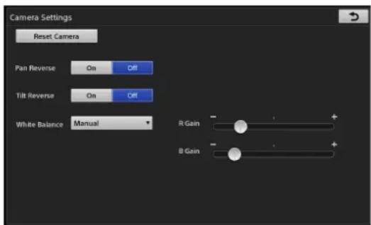 Camera Settings Reset Camera Pan Reverse On Off Tilt Reverse On Off White Balance Manual R Gain B Gain