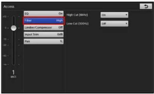 Access EQ On Filter High Limiter/Compressor Off Input Trim 0dB Pan % High Cut (8kHz) On Low Cut (100Hz) Off 1 MACS
