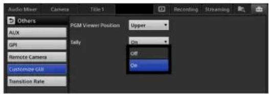 Audio Mixer Camera Title 1 Recording Streaming Others PGM Viewer Position Upper Tally On Off On AUX GPI Remote Camera Customize GUI Transition Rate