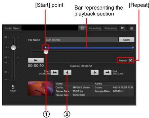 [Start] point Bar representing the playback section [Repeat] Audio Mixer File Name CLIP 01.msf Open 00:00:10 Start 00:00:10 Duration 00:00:56 End 00:00:06 Video Audio Code: MPEG-2 Video Code: AES-3 382M PCM Frame Rate: 29.97 fps Sample Rate: 48000Hz Frame Size: 1920x1080 Player ① ②
