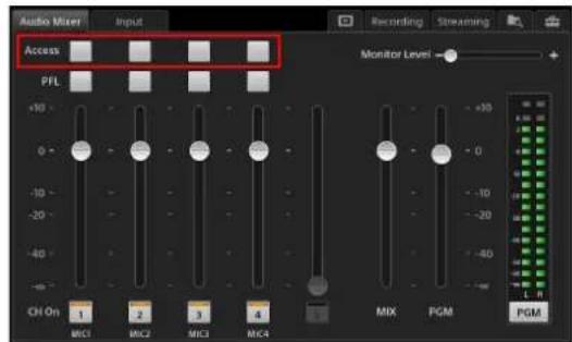 Audio Mixer Input Recording Streaming Monitor Level Access PFL 0 -10 -20 -40 OH On MIC1 MIC2 MIC3 MIC4 MIX PGM PGM