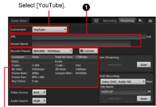 Select [YouTube]. Audio Mixer Connection YouTube URL Stream Name Encode Presets 854x480 - 1000kbps Custom Container Flash Total Bit Rate: 126kbps Video Audio Codec H.204 Codec AAC Bit Rate: 1000kbps Bit Rate: 126kbps Frame Rate: 30fps Sample Rate: 44100Hz Frame Size: 854 x 480 Key Frame: 2 sec Video Source AUX Audio Source PGM Live Streaming Start VOD Recording Video 1500 , Audio 192 kbps File Name: VODCLIP .04 Start