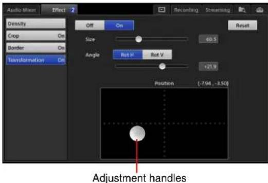 Audio Mixer Effect Density Crop On Border On Transformation On Off On Size 40.5 Angle Rot H Rot V +21.9 Position (-7.04, -3.50) Adjustment handles