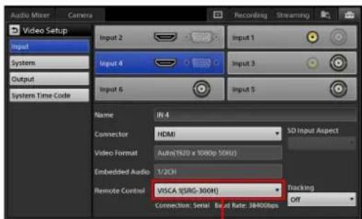 Audio Mixer Camera Video Setup Input System Output System Time Code Input 2 Input 1 Input 4 Input 3 Input 6 Input 5 Name: IN 4 Connector: HDMI Video Format: Auto(1920 x 1080p 50Hz) Embedded Audio: 1/2CH Remote Control: VISCA (55RG-300H) Tracking Connection: Serial Bead Rate: 38400bps OUT