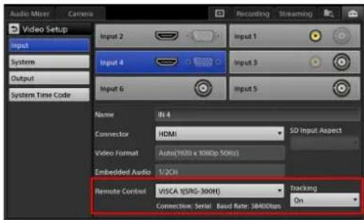 Audio Mixer Camera Recording Streaming Video Setup Input System Output System Time Code Input 2 Input 1 Input 4 Input 3 Input 6 Input 5 Name IN 4 Connector HDMI SO Input Aspect Video Format Auto(1920 x 100cp 50Hz) Embedded Audio 1/2CH Remote Control VISCA (ISRG-300H) Tracking Connection: Serial Basal Rate: 38400fps On