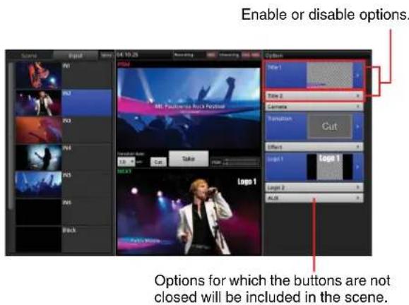 Enable or disable options. Options for which the buttons are not closed will be included in the scene.