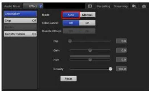 Audio Mixer Effect 2 Chronsakey Crop Off Junction Transformation On Mode Auto Manual Color Cancel Off On Disable Others Clip 0.0 Gain 0.0 Hue 0.0 Density 100.0 Reset