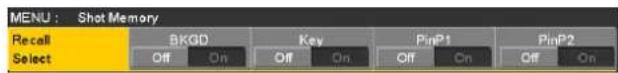 MENU : Shot Memory Recall Select BKGD Key PinP1 PinP2 Off On Off On Off On Off On