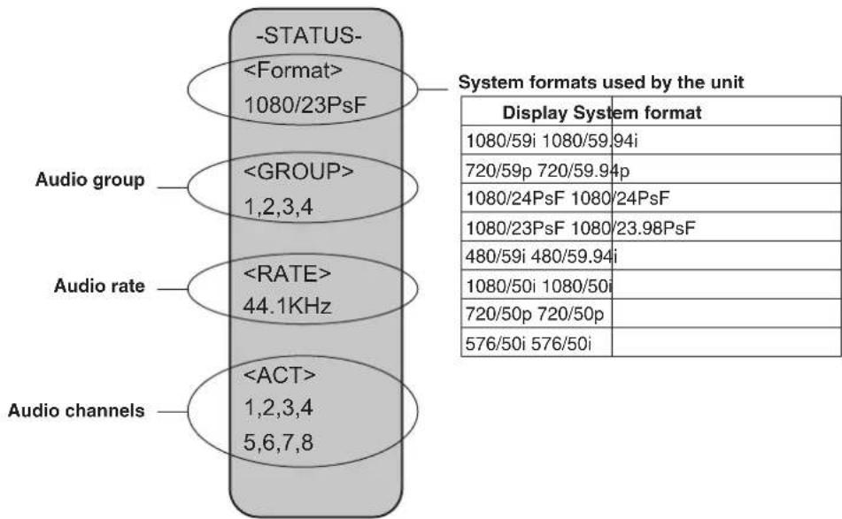 -STATUS- 1080/23PsF Audio group 1,2,3,4 Audio rate 44.1KHz Audio channels 1,2,3,4 5,6,7,8 System formats used by the unit Display System format 1080/59i 1080/59i 94i 720/59p 720/59.94p 1080/24PsF 1080/24PsF 1080/23PsF 1080/23.98PsF 480/59i 480/59.94i 1080/50i 1080/50i 720/50p 720/50p 576/50i 576/50i