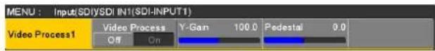 MENU : Input(SDI/SDI IN1(SDI-INPUT1)) Video Process1 Off On Video Process Y-Gan 100.0 Pedestal 0.0