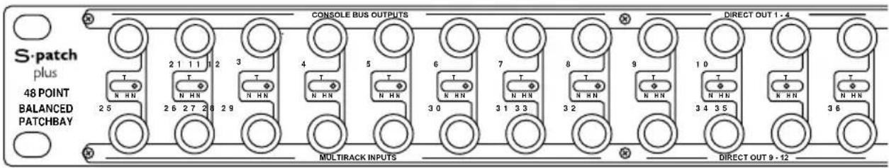 S-patch plus 48 POINT BALANCED PATCHBAY CONSOLE BUS OUTPUTS MULTRACK INPUTS DIRECT OUT 1 - 4 DIRECT OUT 9 - 12