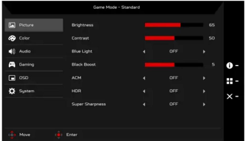 ACER Predator XB253Q - Adjusting the Picture - 1
