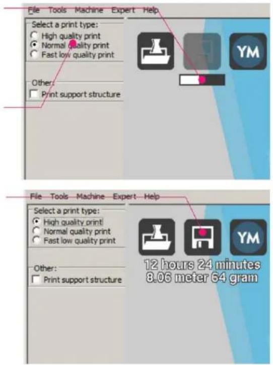 File Tools Machine Expert Help Select a print type: High quality print Normal quality print Fast low quality print Other: Print support structure File Tools Machine Expert Help Select a print type: High quality print! Normal quality print Fast low quality print Other: Print support structure 12 hours 24 minutes 8.06 meter 64 gram