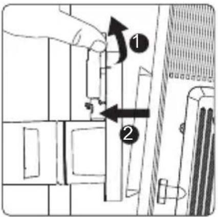 Diagram showing a hand operating a door panel with labeled parts and directional arrows indicating movement or adjustment.