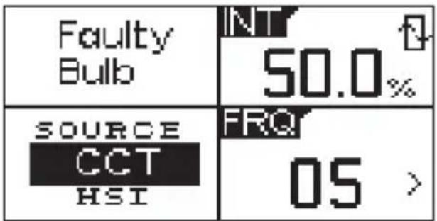 Faulty Bulb INT 50.0% SOURCE CCT HSI FRQ 05 >