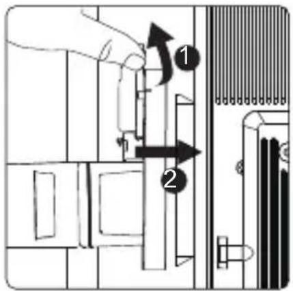 Diagram showing a hand inserting a component into a device with labeled parts 1 and 2, indicating directional movement.