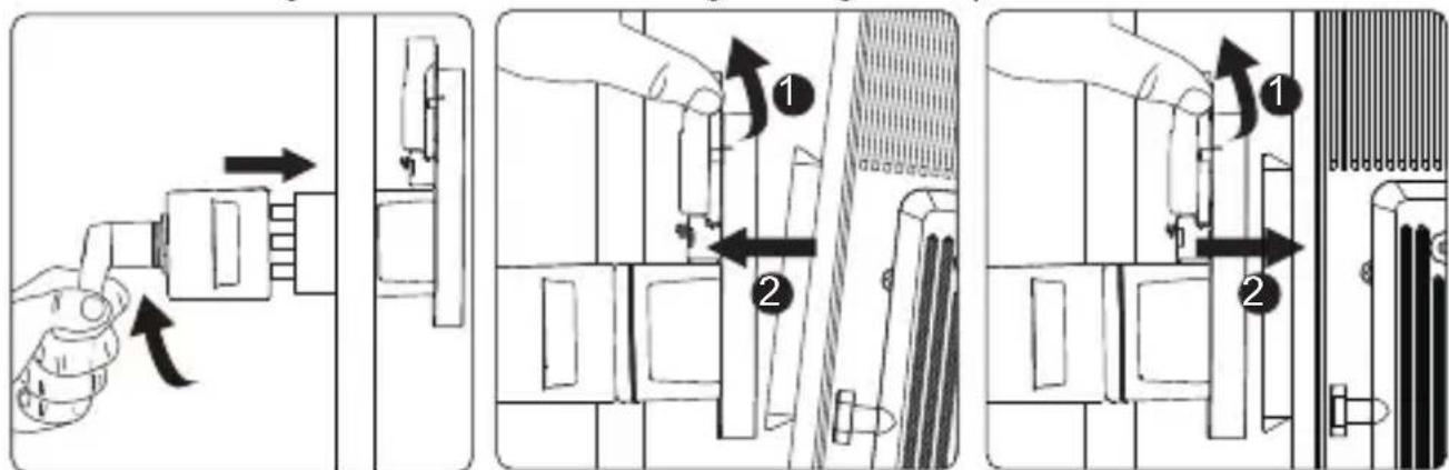 Technical diagram showing three-step assembly steps of a device with labeled components and directional arrows indicating movement.