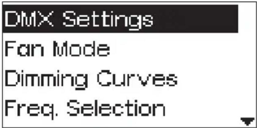 DMX Settings Fan Mode Dimming Curves Freq. Selection