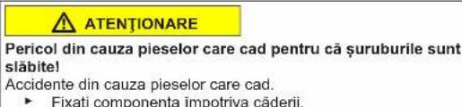ATENTIONARE Pericol din cauza pieselor care cad pentru că șuruburile sunt slăbite! Accidente din cauza pieselor care cad. ► Fixați componenta împotriva căderii.