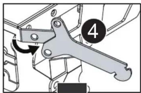 Technical diagram of a mechanical lever mechanism with numbered component and rotation arrow