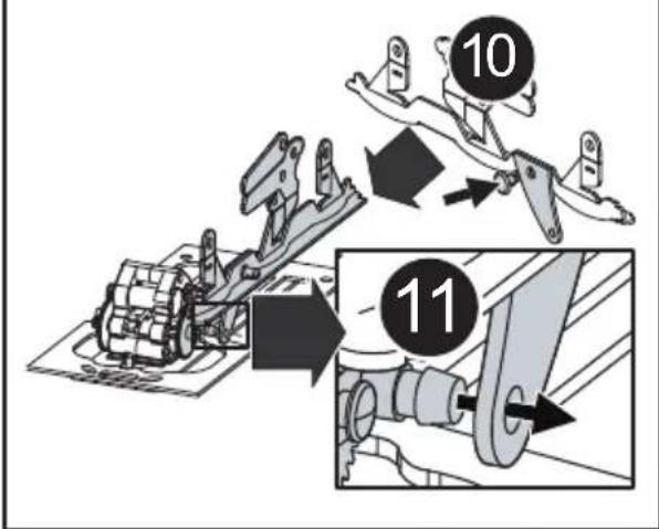 Technical diagram showing mechanical assembly steps with numbered components and directional arrows indicating motion or movement.