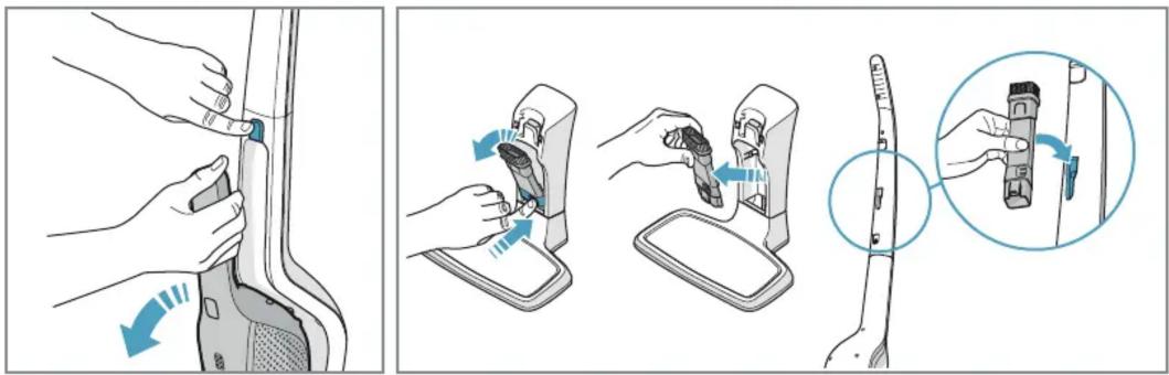 Illustration showing a hand holding a device with blue arrows indicating motion, alongside three steps to adjust the device's handle and lock.