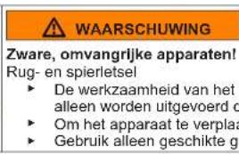 WAARSCHUWING Zware, omvangrijke apparaten! Rug- en spierletsel ► De werkzaamheid van het alleen worden uitgevoerd d ► Om het apparaat te verpla ► Gebruik alleen geschikte ge